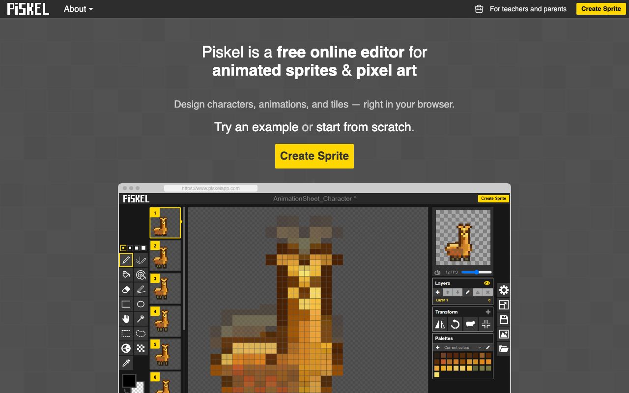 Piskel's home page and editor preview: a free online sprite editor with frame list, layers, transform tools and a current-colours palette, used here for the downscale and cleanup pass.