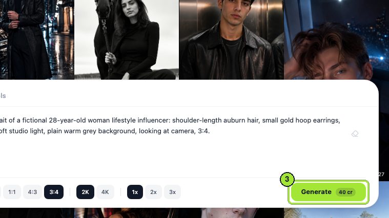Step 3: Click Generate (40 cr). This is the base image.
