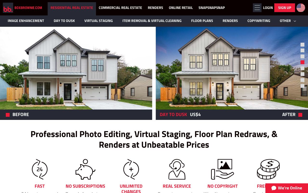 BoxBrownie's homepage on 2026-09-06 with its before-and-after slider and the Day to Dusk service priced at US$4 per image, alongside a 'no subscriptions' promise.