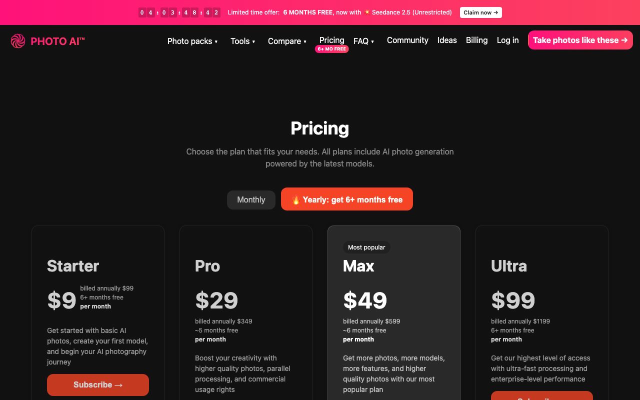 PhotoAI's pricing page on September 6, 2026 showing the Starter, Pro, Max and Ultra plans at 9, 29, 49 and 99 USD a month when billed annually.