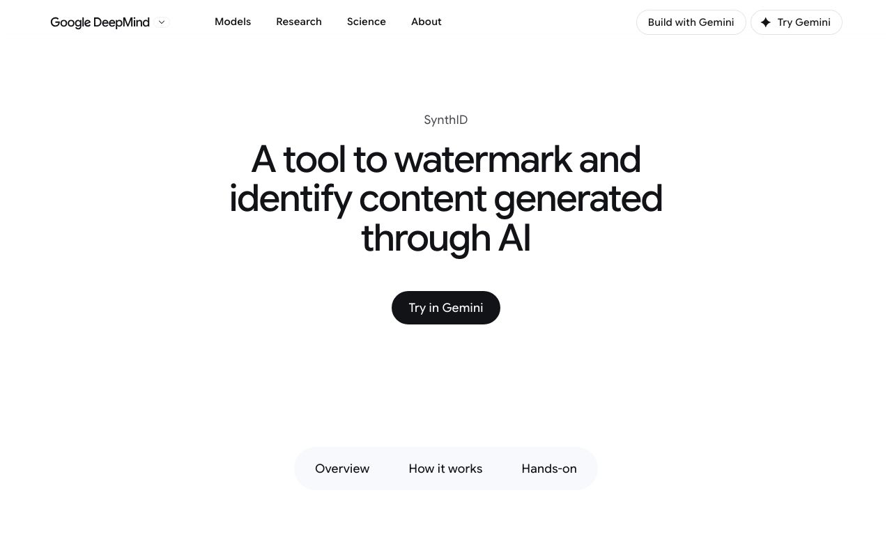 Google DeepMind's SynthID page: a watermark-and-identify tool for AI-generated content, with the checking portal described further down as being tested with journalists and media professionals.