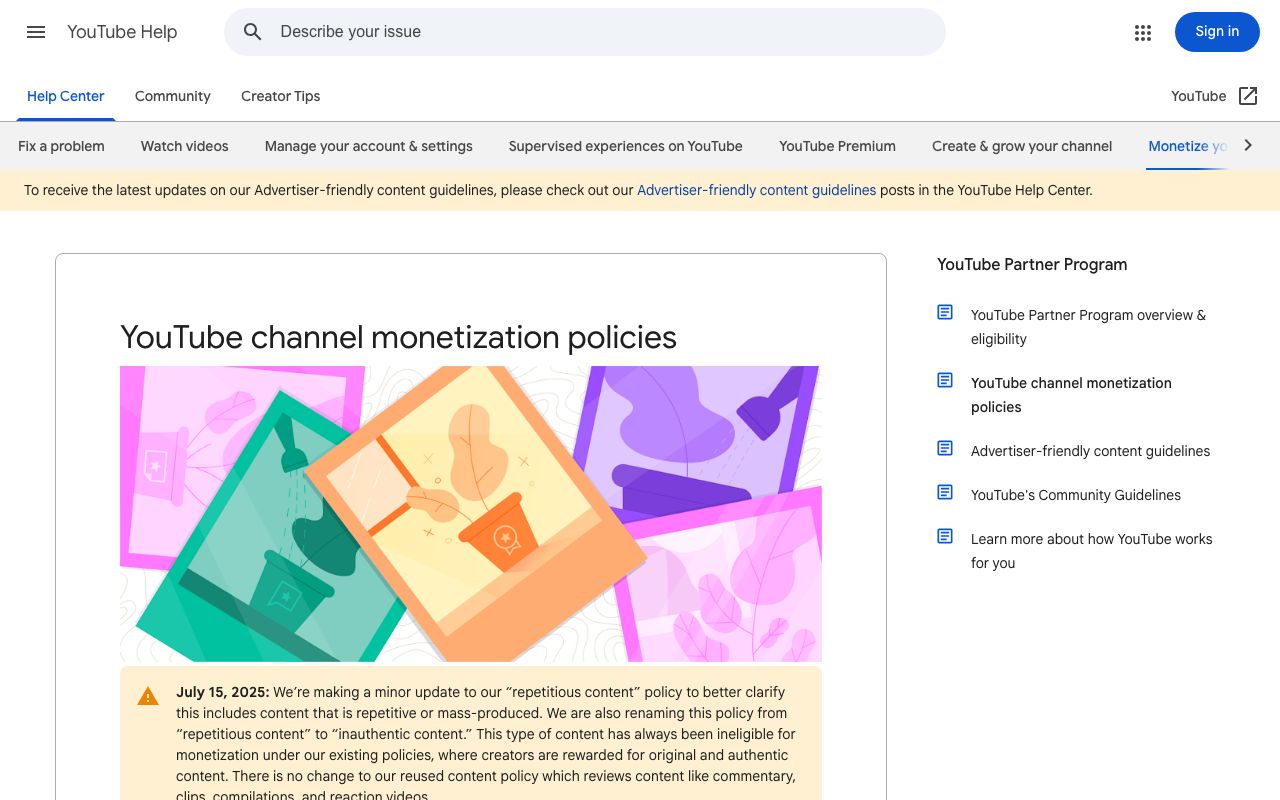 YouTube's inauthentic content policy page, which names templated AI videos and narration-free slideshows as ineligible for monetization.