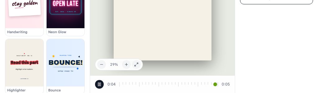 LazyKiwi's text animation tool: eleven presets, four aspect ratios, a free 720p export and a 1080p export priced in credits.