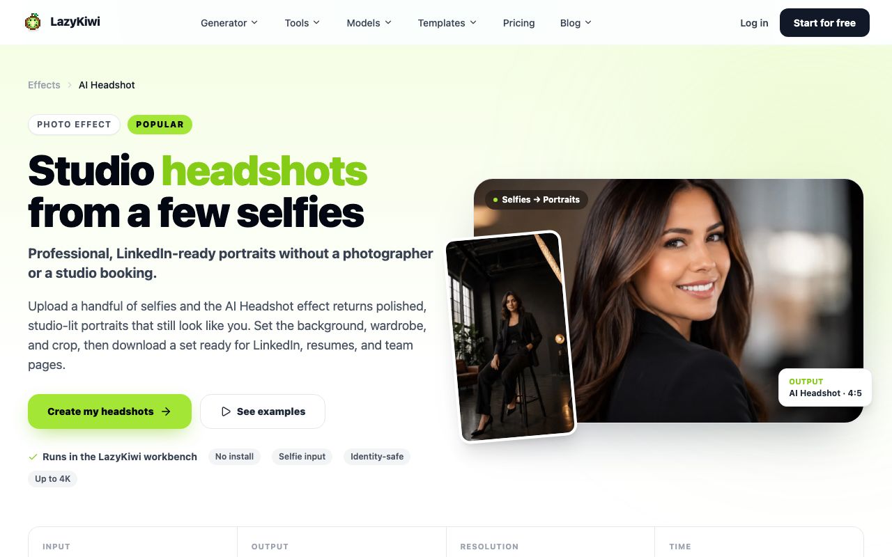 The LazyKiwi AI headshot template page, which lists three to eight selfies as input, studio portraits as output, resolution up to 4K and a 4:5 crop.