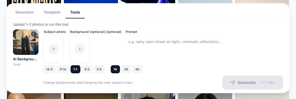 The AI background changer takes a subject photo plus an optional background; it swaps backgrounds rather than exporting a transparent PNG, so the cutout step happens elsewhere.