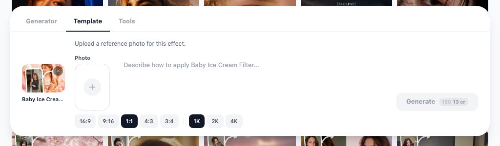 The Baby Ice Cream Filter template selected in the image workbench, a pastel variant with a cone-shaped frame that suits announcement and birthday jokes rather than reaction memes.