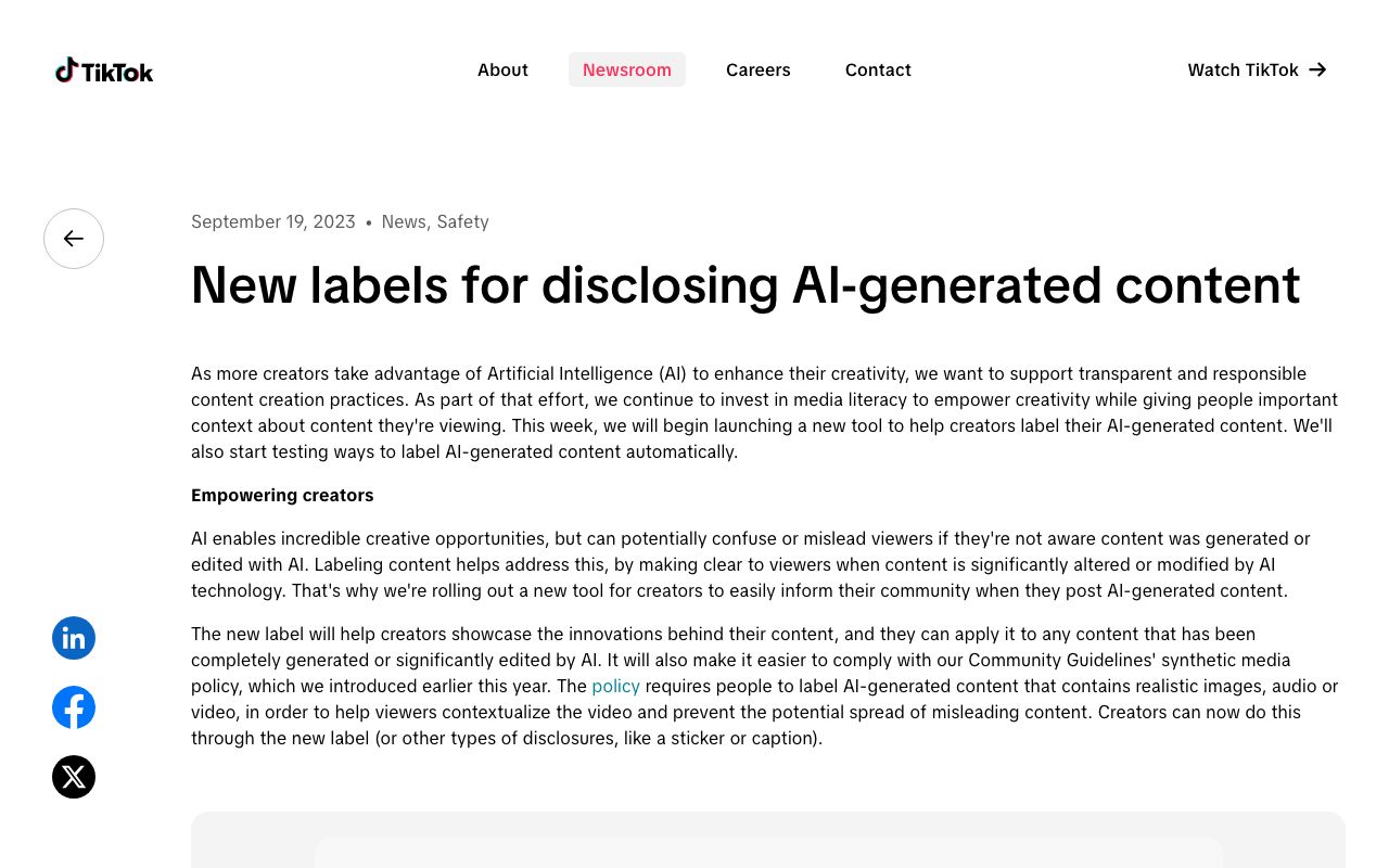 The TikTok Newsroom post announcing the AI-generated content label, the rule this workflow follows in step six.