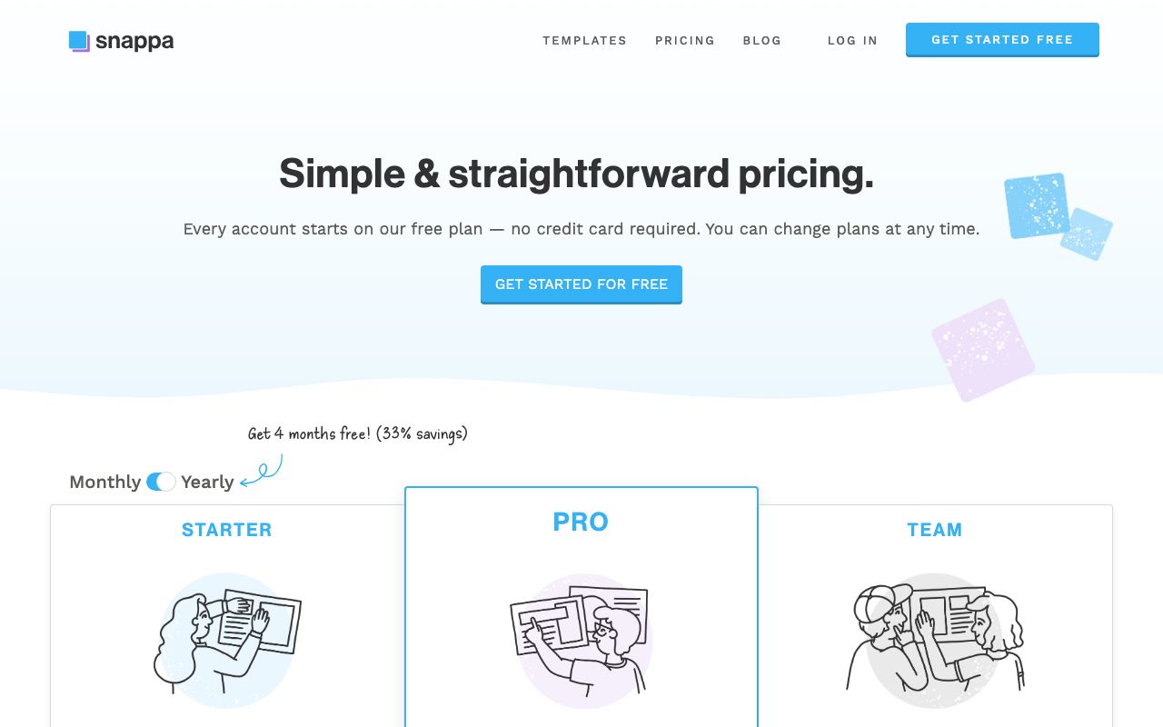 Snappa's pricing page on 5 September 2026: every account starts on the free Starter plan, which is capped at 3 downloads a month.