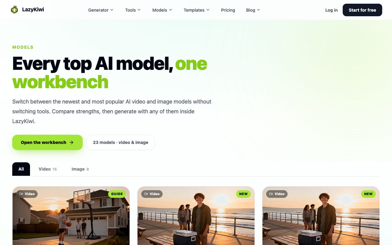 Our model catalogue on 6 September 2026: 23 models across video and image, with the video engines in their own tab.