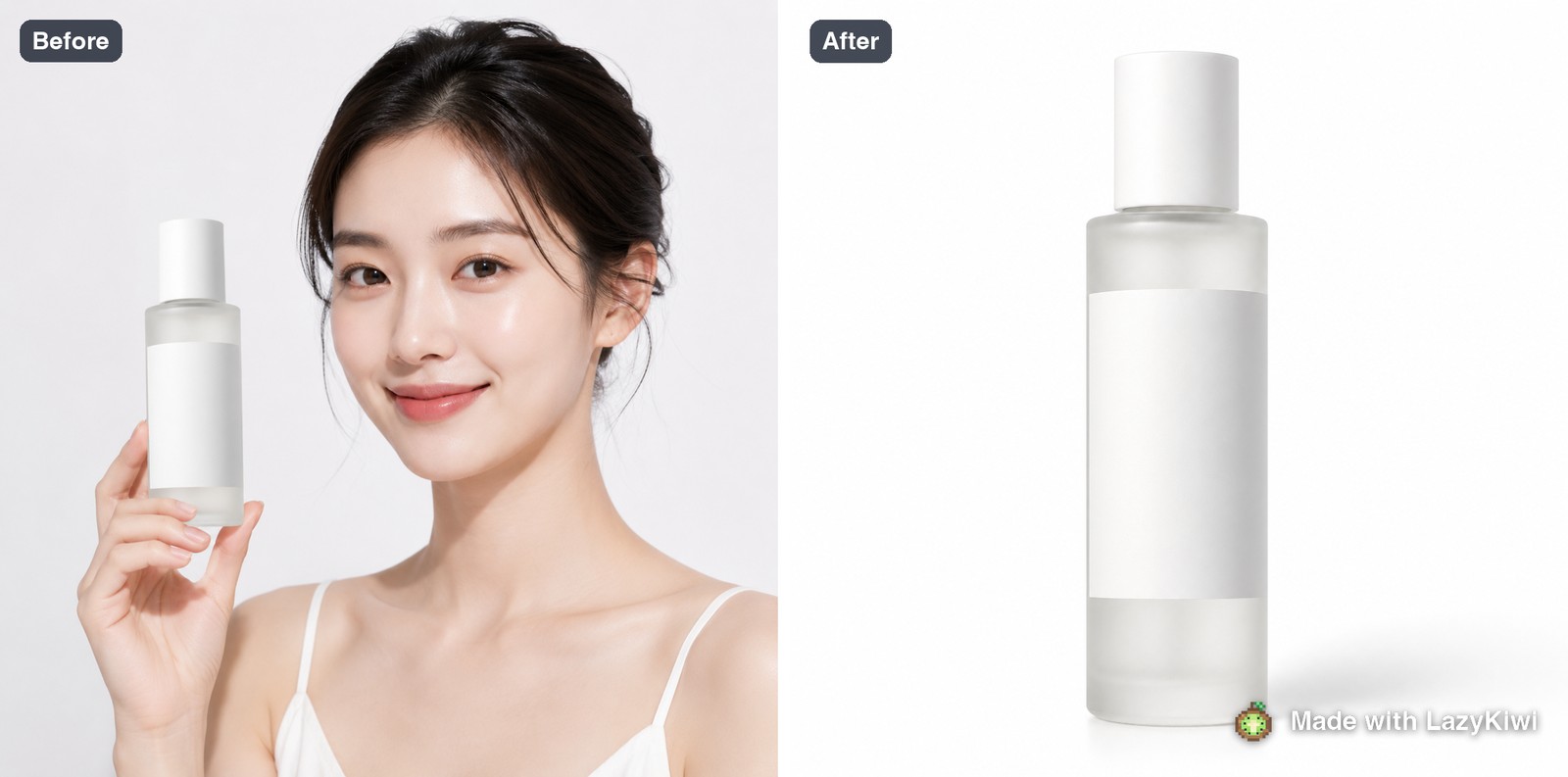 Left, our source photo of the bottle (a model holding it); right, the white-background listing image the product tool returned (GPT Image 2 backend at 1K, square, thirteen credits), LazyKiwi watermark added.