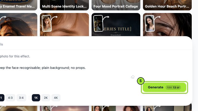 Step 5: Click Generate. The button shows 13 cr for one image.