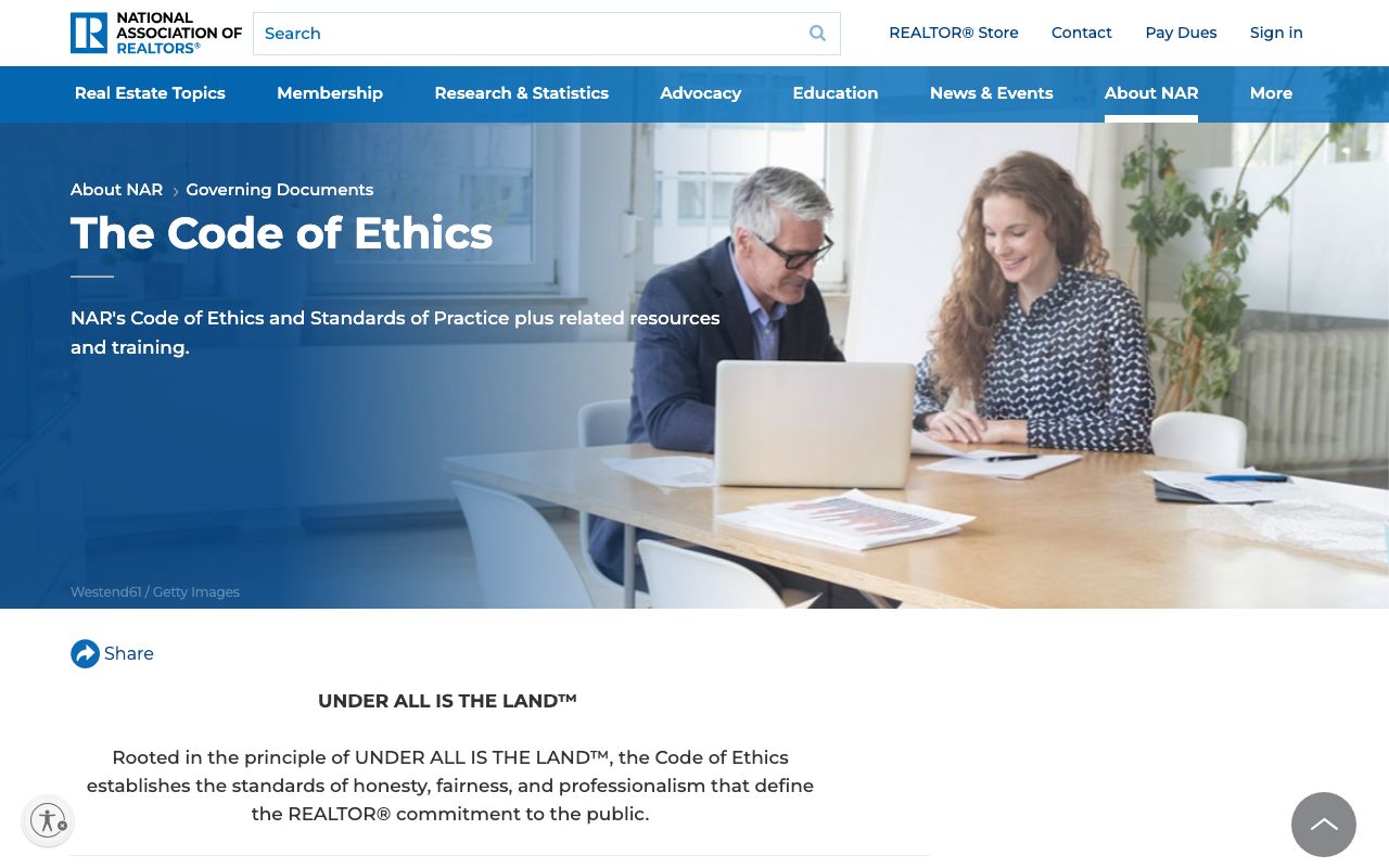 The NAR Code of Ethics page on nar.realtor, captured 2026-09-06; Article 12 and its case interpretations are the reference for what a listing image may claim.