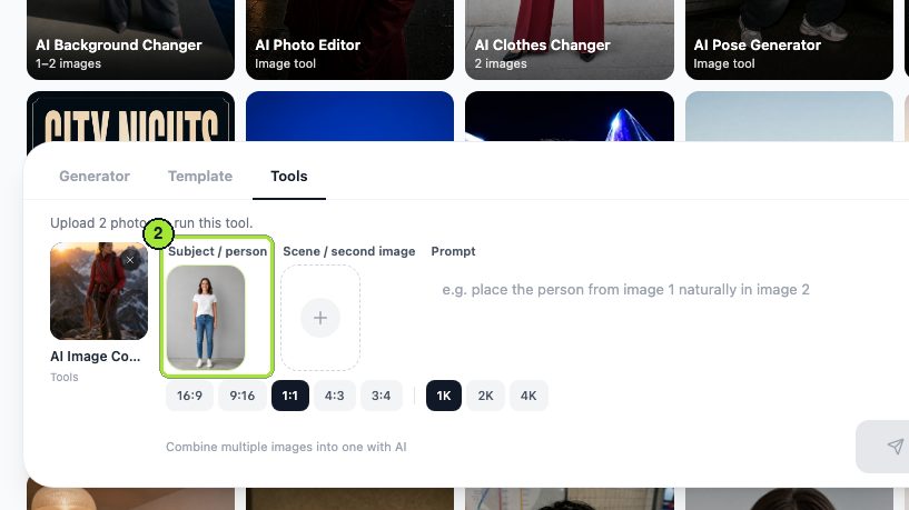 Step 2: Click the Subject / person box and upload our full-body studio photo of a fictional woman.