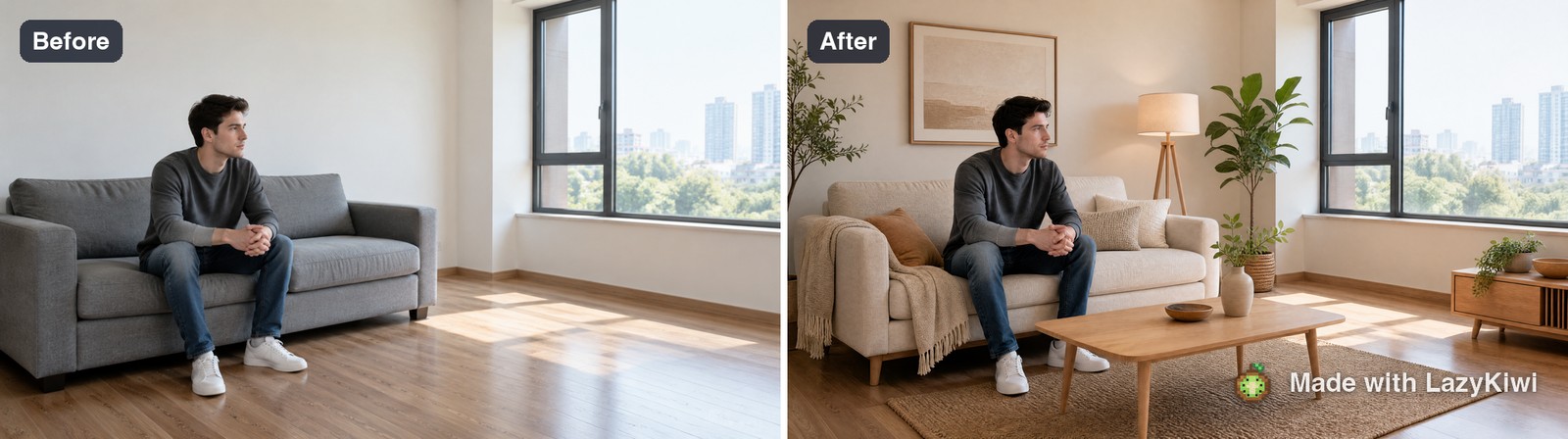 The plain living room and its Scandinavian restyle, generated in LazyKiwi with AI Interior Design at 16:9 and 1K (GPT Image 2, 13 credits); watermark added.
