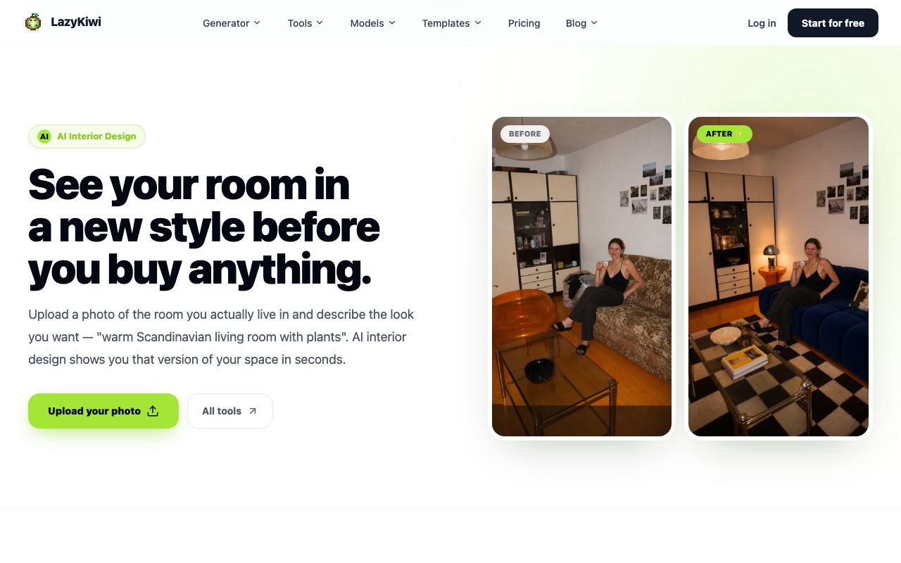 The AI interior design tool page on lazykiwi.ai, which sets the job as seeing your own room in a new style before buying anything.