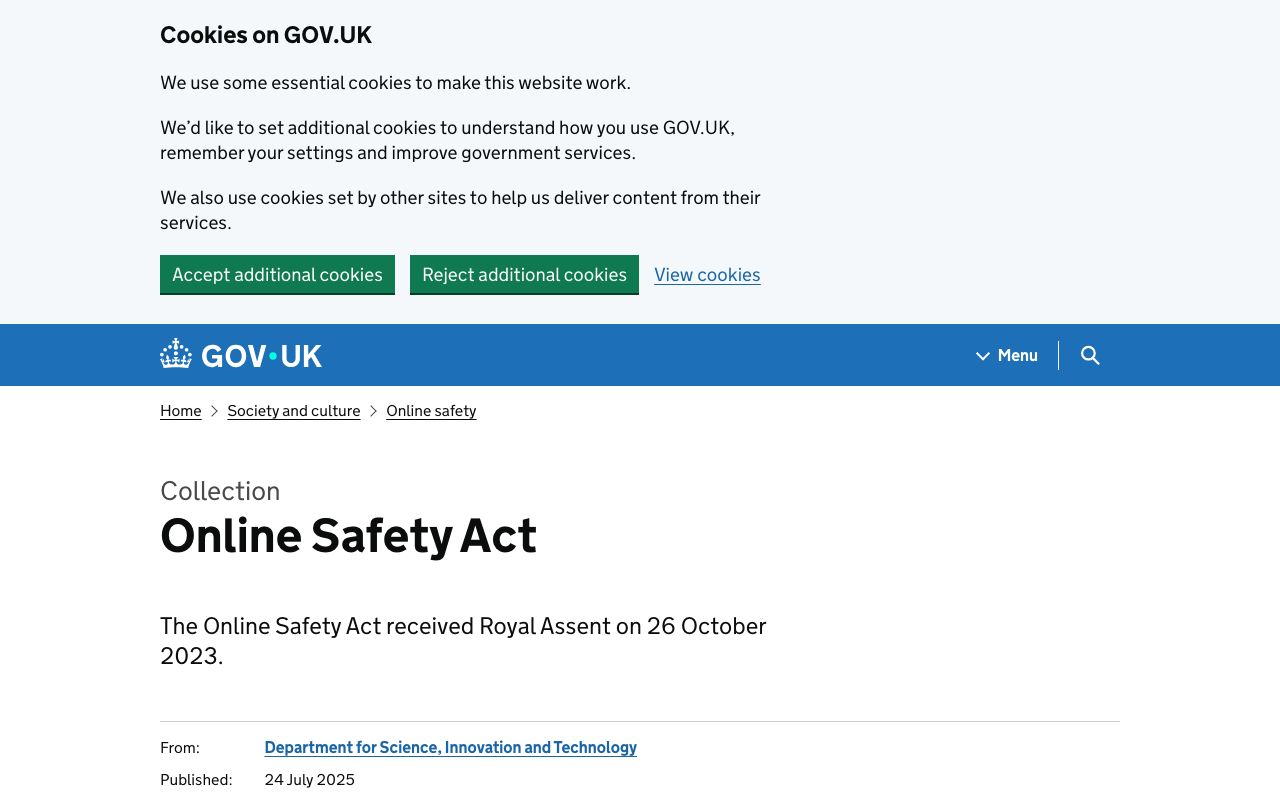 The GOV.UK collection page for the Online Safety Act, stating that the Act received Royal Assent on 26 October 2023.