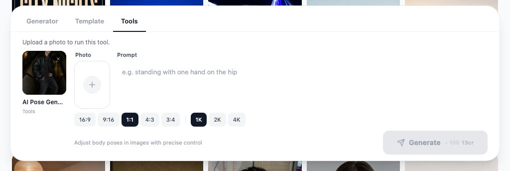 The AI pose generator in the Tools tab: one photo slot, a plain-language prompt for the stance, and a 13-credit price per run.