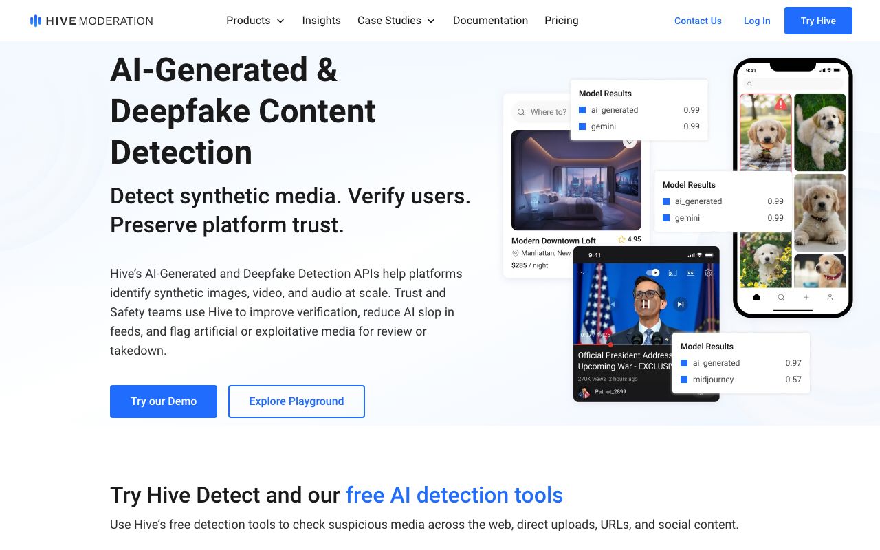 Hive's AI-generated and deepfake detection page, showing example model results (an ai_generated score next to a source-model guess) and the 'Try our Demo' entry point.