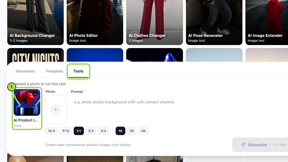 Step 1: The deep link lands on the Tools tab with the AI Product Image Generator chip already in the composer, so there is nothing to search for.