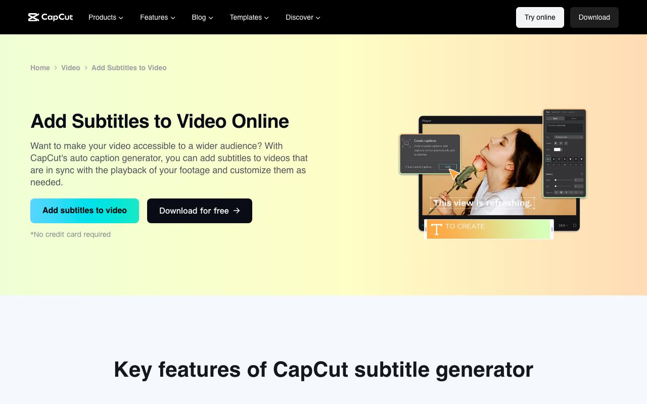 CapCut's Add Subtitles to Video page: the auto caption generator promise, an Add subtitles button and a Download for free button with no card required.