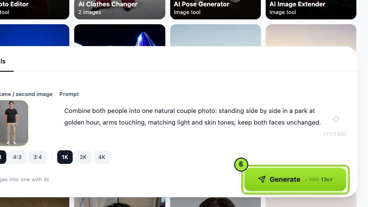 Step 6: Click Generate. The button shows the price, 13 cr, before you commit.