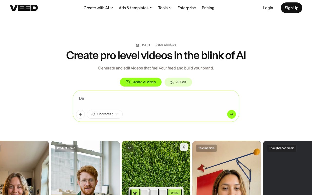 VEED's home page at capture, with the Create AI video prompt box; the video translator with AI dubbing sits under the Tools menu.
