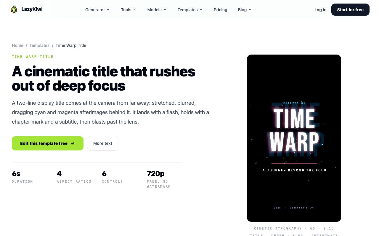 The Time Warp Title template page: 6 s duration, 4 aspect ratios, 6 controls, 720p free with no watermark, with the kinetic typography preview at 9:16 on the right.