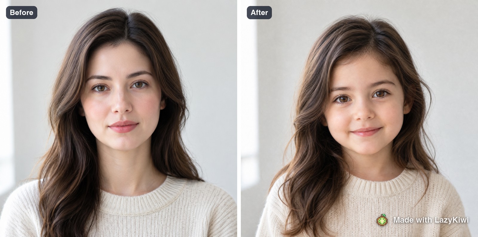 Before and after: the adult input on the left, and the child the template returned for 13 credits on the right.