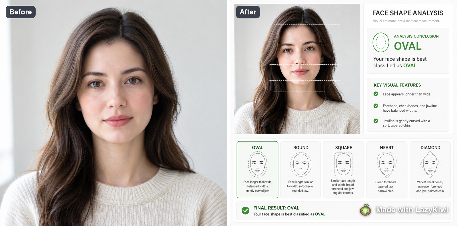 Before and after: the plain headshot on the left, the analysis card the tool returned for 13 credits on the right.