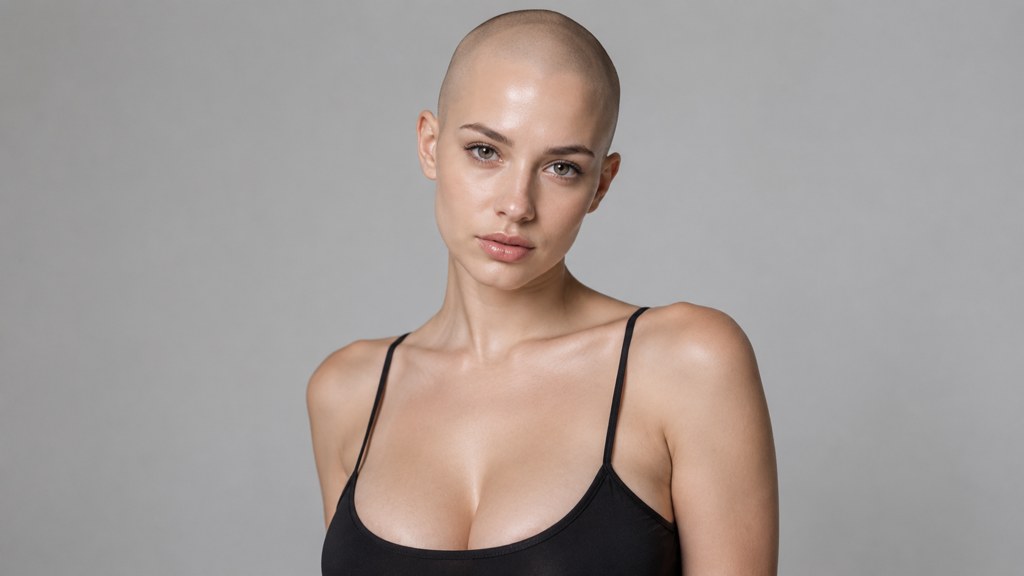 A shaved head under plain studio light, which is the only lighting that tells you the truth about a scalp.