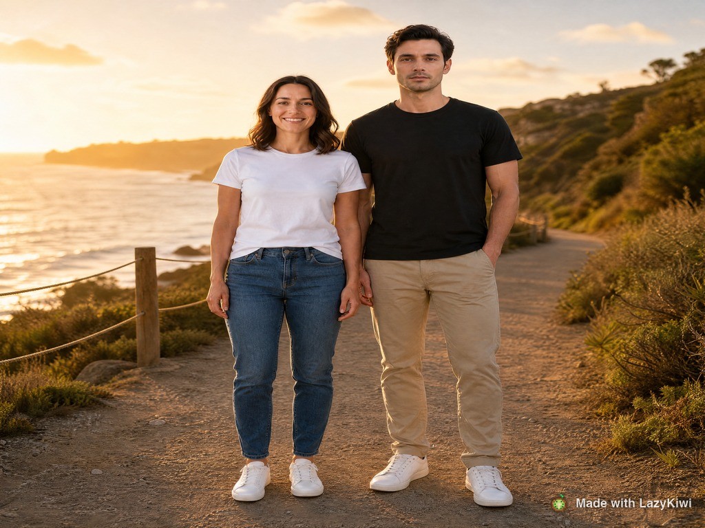 Run one on GPT Image 2 at 4:3 and 1K: both people on a coastal path, and a visible scale disagreement.