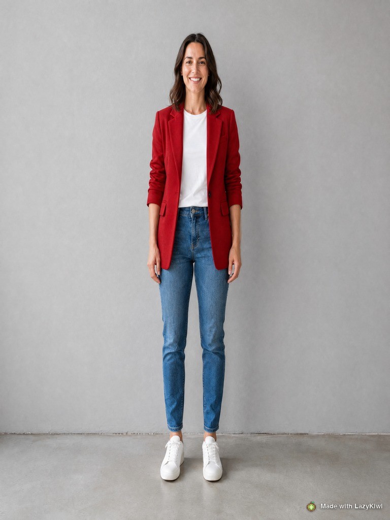 Run two: only the Prompt box changed, asking for the blazer worn open over a plain white t-shirt with the sleeves pushed up. Same photograph, same 3:4 at 1K, 13 cr.
