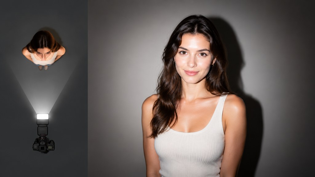 The lighting cause: a light source at the lens produces a flat subject and a background that falls off within a metre. Everything else in this look follows from that one geometry.