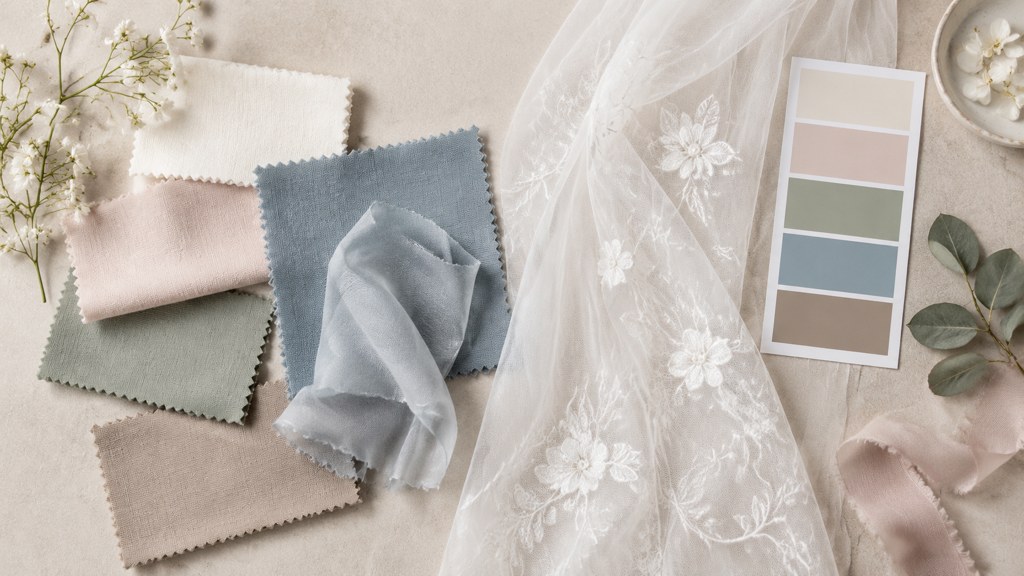 Fabric swatches, a veil and a colour palette laid out flat: the decisions a generated preview can genuinely help you make.