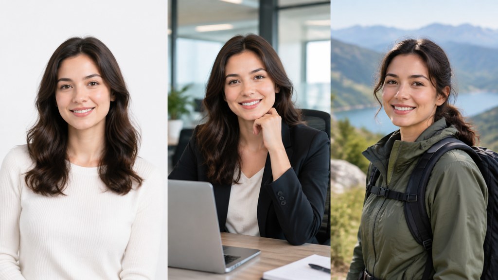 One subject, three destinations: a white sweep, an office, and an outdoor scene.