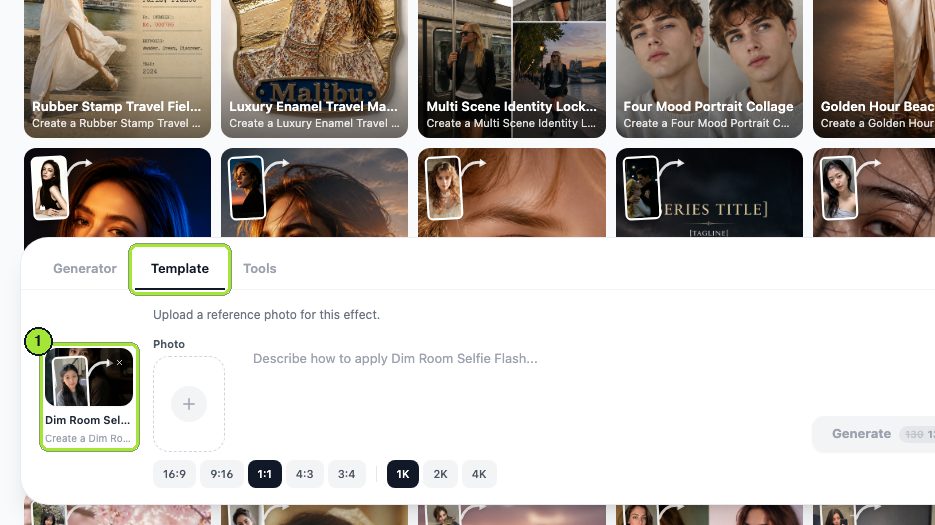 The deep link opens the Template tab with Dim Room Selfie Flash already selected in the composer.