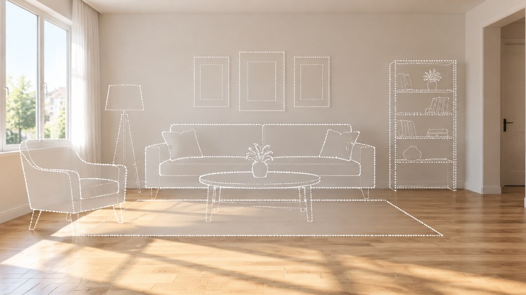 An empty room with furniture outlines waiting to be filled: staging adds contents, never architecture.