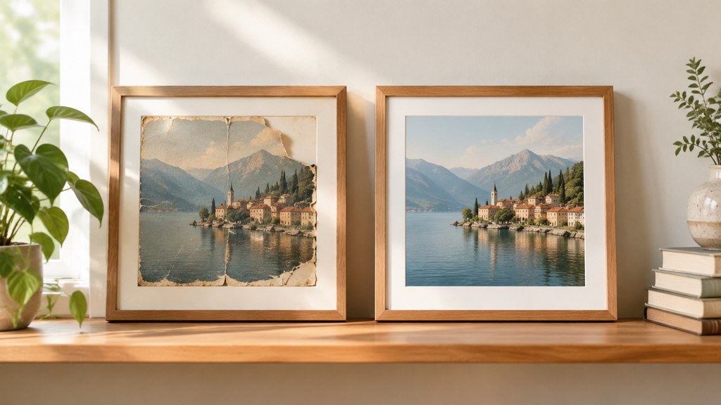 The end state worth archiving for: the restored print framed beside the damaged original, both kept.