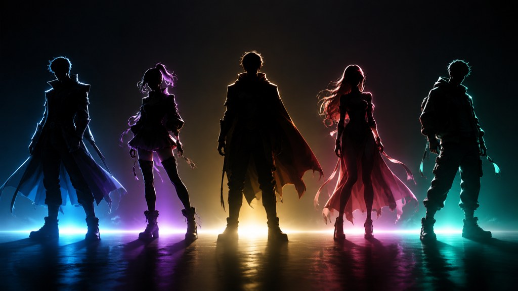 Five costumed silhouettes lit from below: the cheapest dramatic look there is.