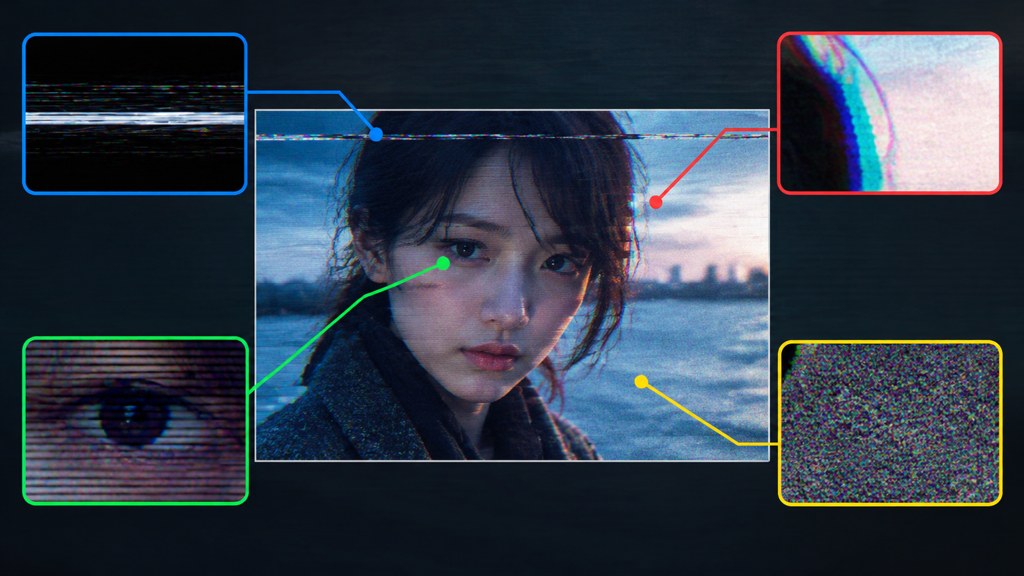 The four artefacts in one frame: colour smearing sideways, comb teeth on the moving edge, a tracking band across the picture, and the distorted strip along the bottom edge.