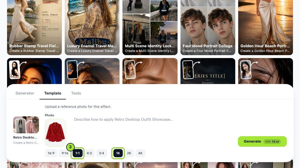 Ratio and resolution are the settings on offer, at 1:1 and 1K.