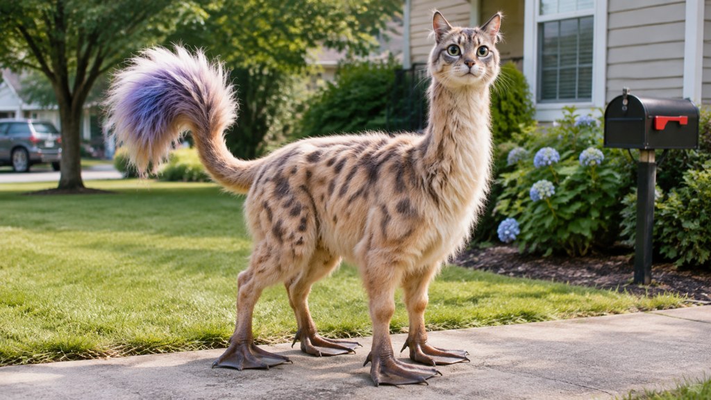 An invented creature in an ordinary setting: the visual grammar of the format, minus any specific meme.
