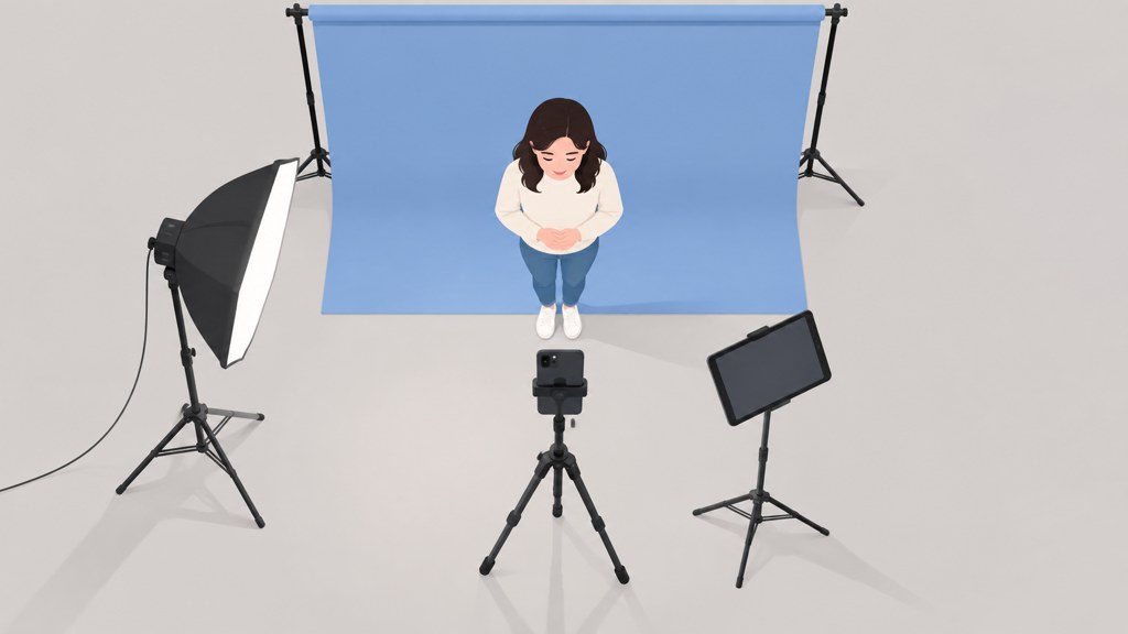 The whole setup from above: phone or camera on a stand, one light, a plain backdrop and a tablet for the guest to tap.