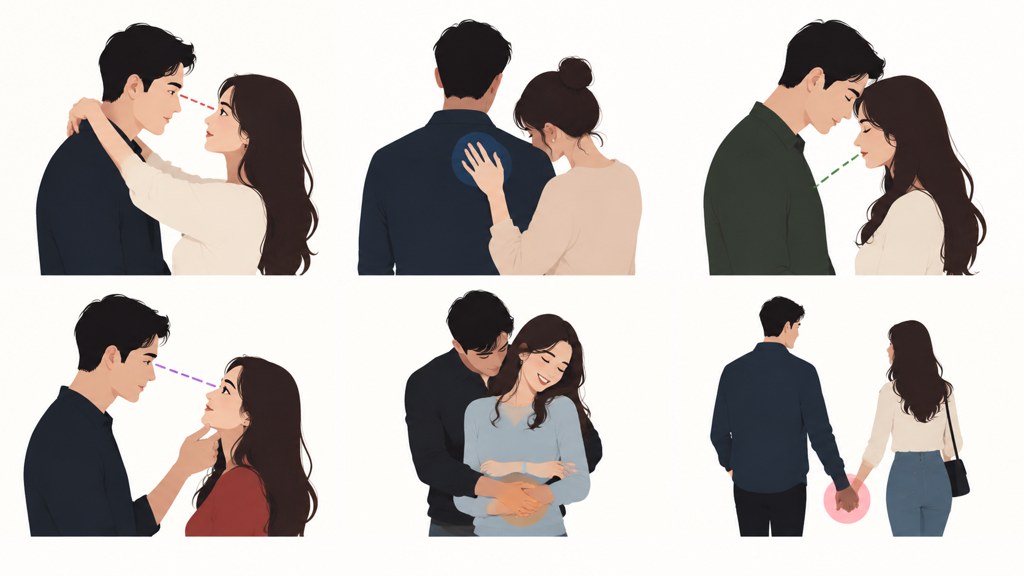 Six couple silhouettes at increasing contact levels, from linked hands through to a full embrace.