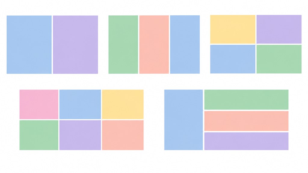 Five grid skeletons with different cell counts and gutter widths, drawn before any photograph goes near them.