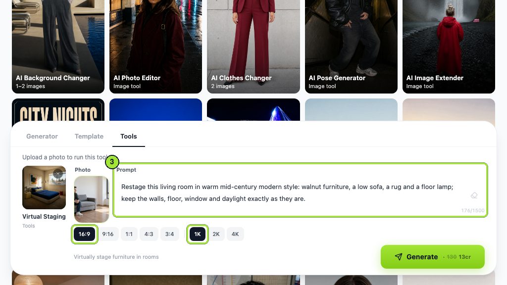 The Prompt box carrying the style instruction, with 16:9 and 1K selected below it.