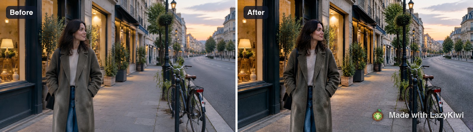 The demo file before and after one pass: a soft dusk street scene beside the 13-credit result.