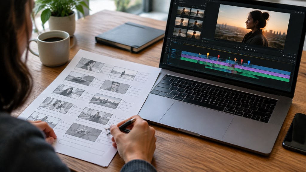 A paper shot list beside a laptop timeline with markers on the beats.