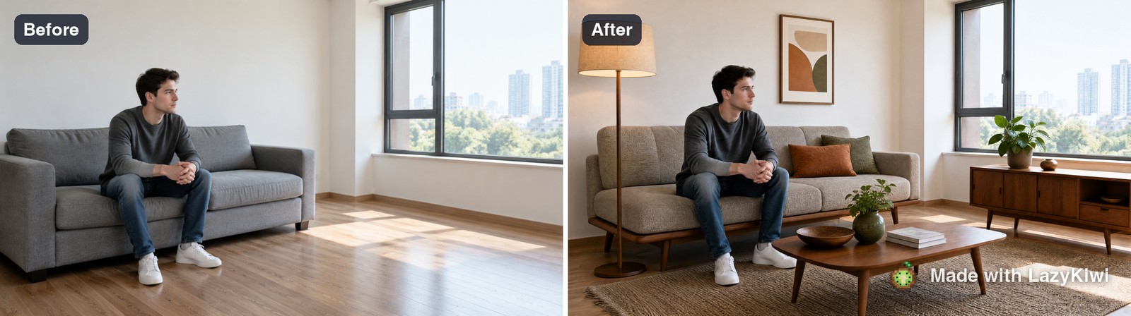 Before and after on the first run: the original room on the left, the mid-century restage on the right. Watermarked; the run cost 13 credits.