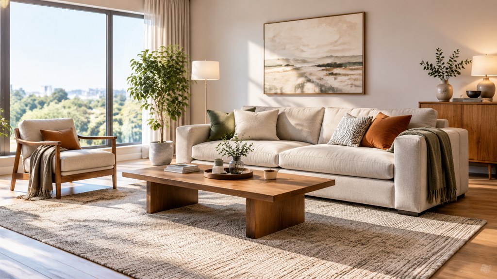 The target: believable contact between furniture and floor, daylight that matches the window, nothing structural touched.